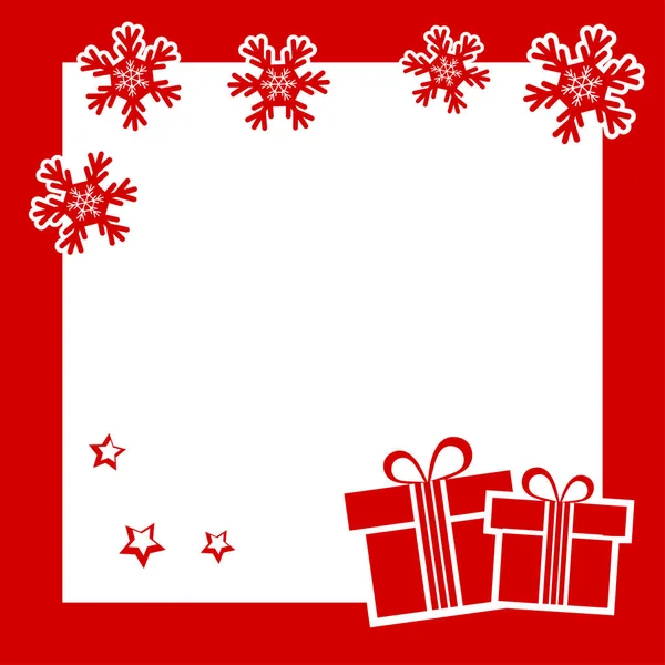 Moldura festiva vermelha com caixas de presente, flocos de neve e estrelas para o Natal, Dia de Ano Novo. Ilustração vetorial —  Vetores de Stock