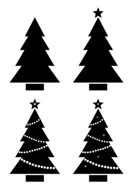 Set Noel ağacı. Siyah ve beyaz siluet. Vektör çizim