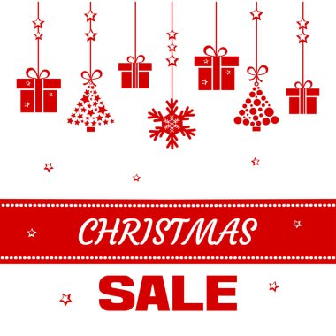 Festival kartpostal, Noel için arka plan. Kırmızı hediye kutuları ve Noel ağaçları, kar tanesi ve yazıt Noel satış. Vektör çizim