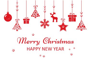 Noel tebrik kartı. Kırmızı Noel oyuncaklar asılı. Vektör çizim