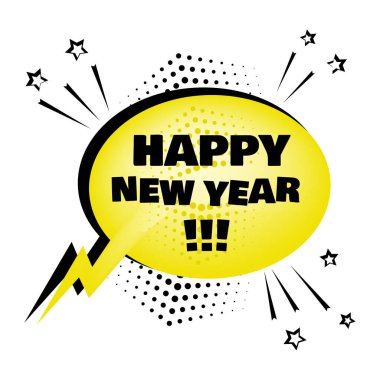 Mutlu yeni yıl kelime ile sarı çizgi roman kabarcık. Komik ses efektleri pop sanat tarzı. Ses kabarcık konuşma ile word ve komik karikatür ifade illüstrasyon geliyor. Vektör çizim.