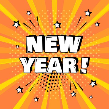 Turuncu arka plan üzerinde yazıt yeni yıl. Komik ses efektleri pop sanat tarzı. Vektör çizim.