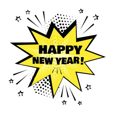 Mutlu yeni yıl kelime ile sarı çizgi roman kabarcık. Komik ses efektleri pop sanat tarzı. Vektör çizim.