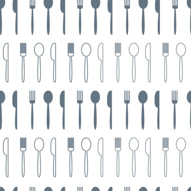 Gri kaşık, çatal, bıçak ile Seamless modeli düz beyaz arka plan üzerinde izole ve tasarım anahat. Vektör çizim