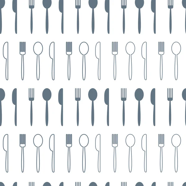 Patrón sin costuras con cuchara gris, tenedor, cuchillo aislado sobre fondo blanco, plano y diseño de contorno. Ilustración vectorial — Archivo Imágenes Vectoriales