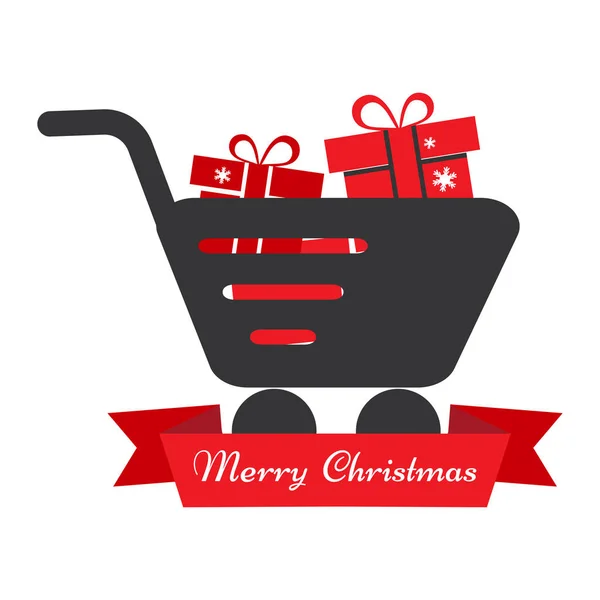 Kerstkaart. Trolley met rode geschenkdozen en lint met wit opschrift Merry Christmas. Vectorillustratie — Stockvector