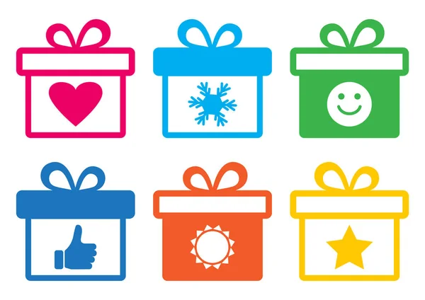 Colorful Gift Boxes Different Symbols Vector Illustration — Stock Vector