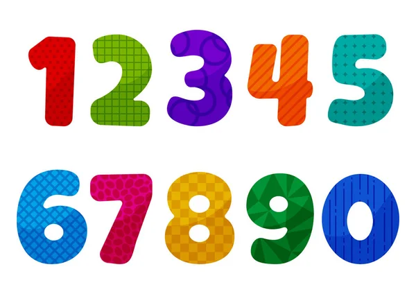Colorful Kids Font Numbers Different Patterns Vector Illustration — Stock Vector