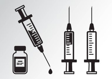 Siyah şırıngaların aşı, ilaç şişe ile enjeksiyon için ayarlayın. Vektör çizim
