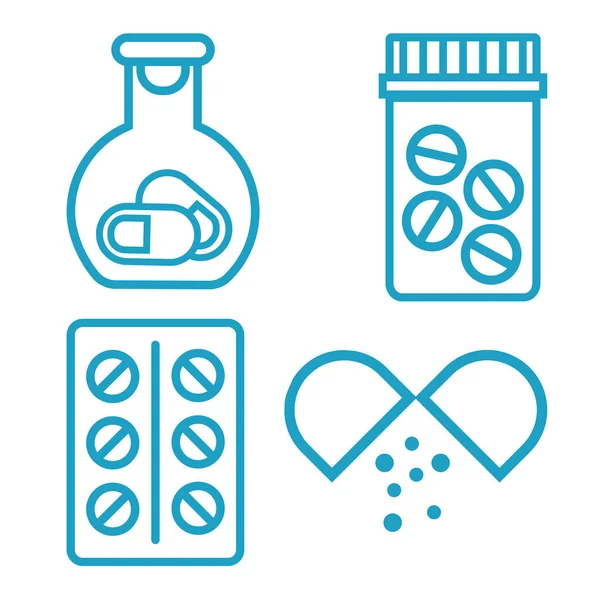 药瓶丸 外形设计 药瓶上有药丸蓝色医学图标矢量插图 — 图库矢量图片