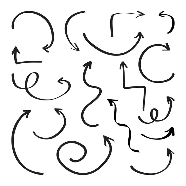 Conjunto de flechas negras diferentes, dibujar a mano. Ilustración vectorial — Vector de stock