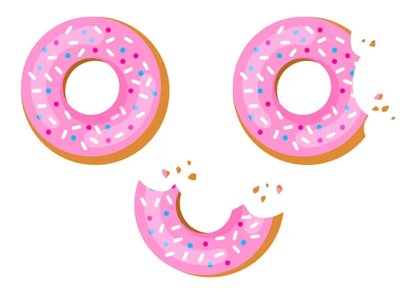 Set van zoete donuts met roze glazuur, gebeten donut. Bekijk van bovenaf. Vectorillustratie — Stockvector