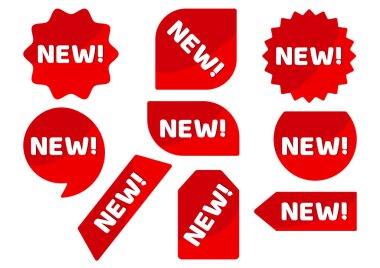 Yeni reklam afiş beyaz yazıt ile kırmızı çıkartmaları kümesi. Vektör çizim