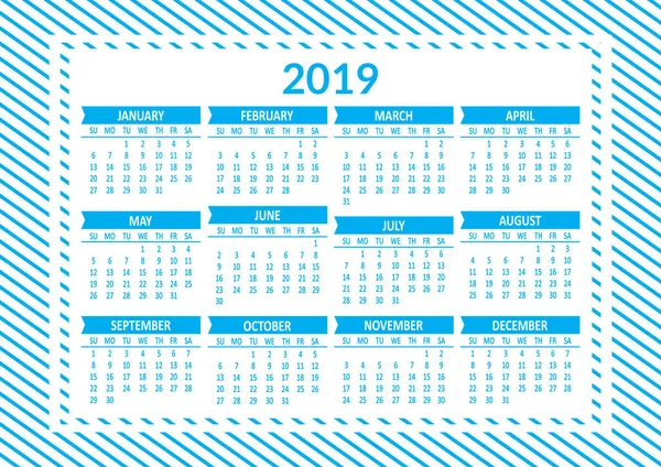 Calendario Blu 2019 Modello Settimana Inizia Domenica Illustrazione Vettoriale — Vettoriale Stock