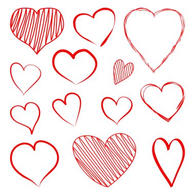Kırmızı kalpler elle çizilmiş kümesi. Vektör çizim