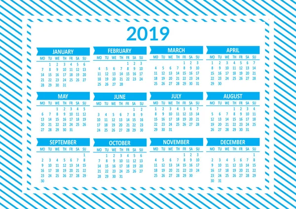 Blue calendar 2019, template. Week starts from Monday. Vector illustration