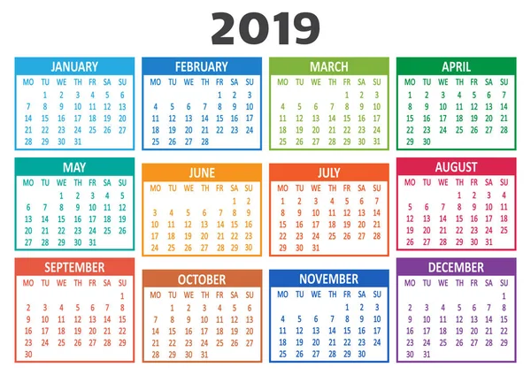 Calendario Colorato 2019 Settimana Inizia Lunedì Illustrazione Vettoriale — Vettoriale Stock