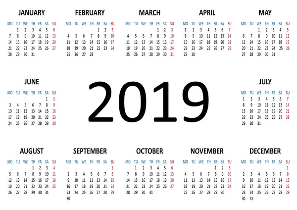 Kalenderblatt 2019 Woche Beginnt Montag Vektorillustration — Stockvektor