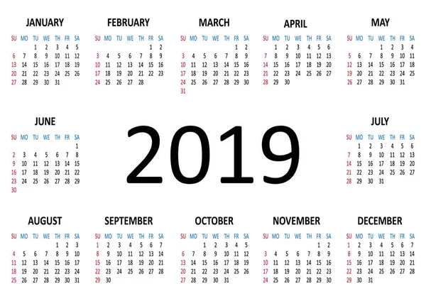 Calendario 2019 Settimana Inizia Domenica Illustrazione Vettoriale — Vettoriale Stock