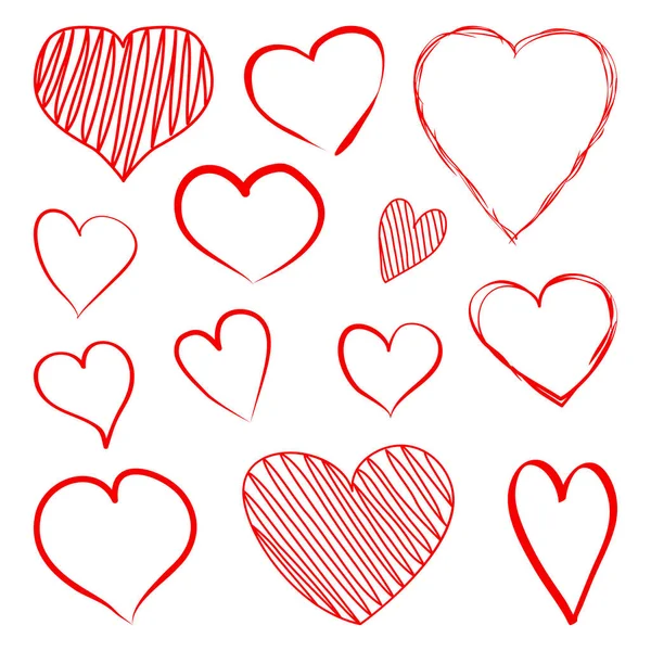 Set Red Hearts Hand Drawn Vector Illustration — Stock Vector