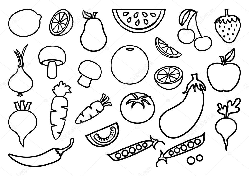 Set of vegetables and fruits, black outline design. Vector illustration