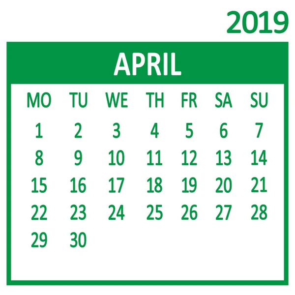 April Vierte Seite Des Sets Kalender 2019 Vorlage Die Woche — Stockvektor