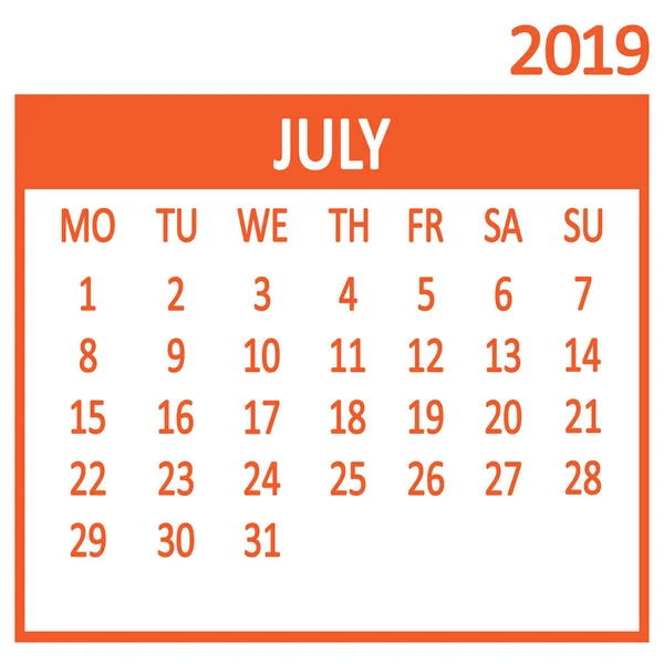 Juli Siebte Seite Des Satzes Kalender 2019 Vorlage Die Woche — Stockvektor