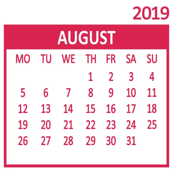 August Achte Seite Des Satzes Kalender 2019 Vorlage Die Woche — Stockvektor