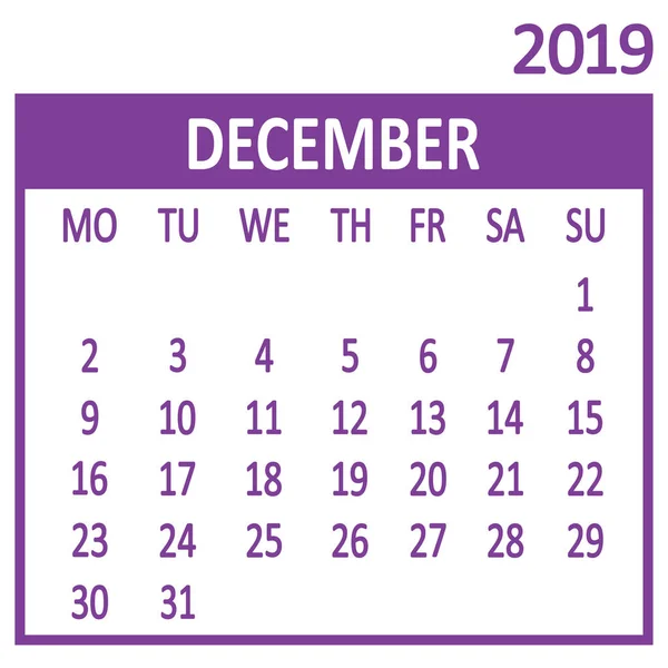 Dicembre Dodicesima Pagina Del Set Calendario 2019 Modello Settimana Inizia — Vettoriale Stock