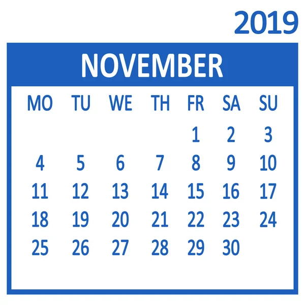November Elfte Seite Des Satzes Kalender 2019 Vorlage Die Woche — Stockvektor