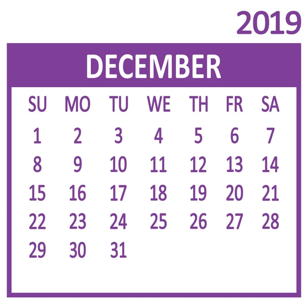 Dicembre Dodicesima Pagina Del Set Calendario 2019 Modello Settimana Inizia — Vettoriale Stock