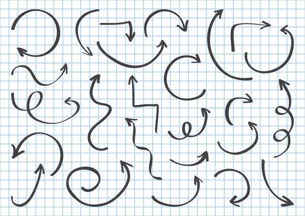 Conjunto Flechas Negras Diferentes Dibujar Mano Sobre Fondo Geométrico Cuadros — Vector de stock