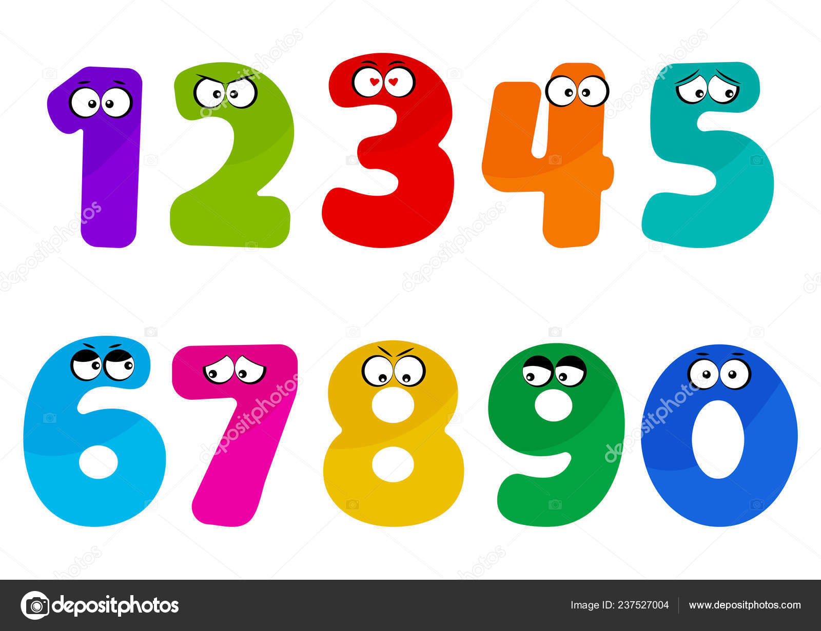 Colorful Kids Font Numbers Cartoon Eyes Different Emotions Vector