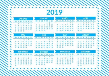 Mavi takvim 2019, şablon. Hafta Pazartesi başlıyor. İllüstrasyon