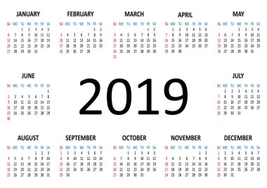 Takvim 2019. Hafta Pazar başlar. İllüstrasyon