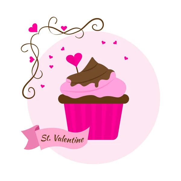 Dolce dolce rosa per San Valentino. Cupcake festivo con cioccolato e cuore. Illustrazione vettoriale — Vettoriale Stock