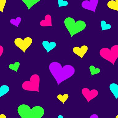 Mor zemin üzerine parlak renkli kalpler ile Seamless modeli. Vektör çizim