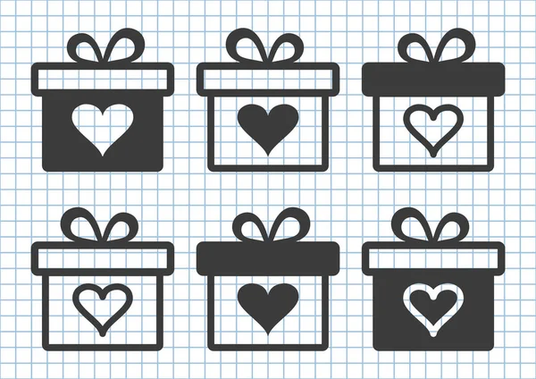 Black set of gift boxes with heart on checkered background. Vector illustration — Stock Vector