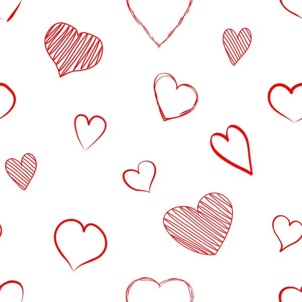 Patrón sin costuras con corazones rojos dibujados a mano aislados sobre fondo blanco. Ilustración vectorial — Archivo Imágenes Vectoriales