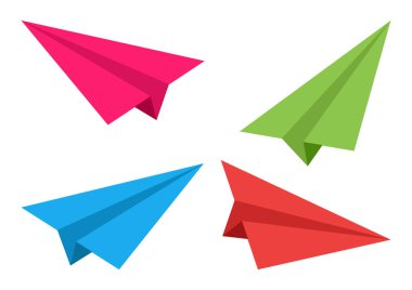 Renkli uçaklar kümesi. Kağıt origami. Vektör çizim