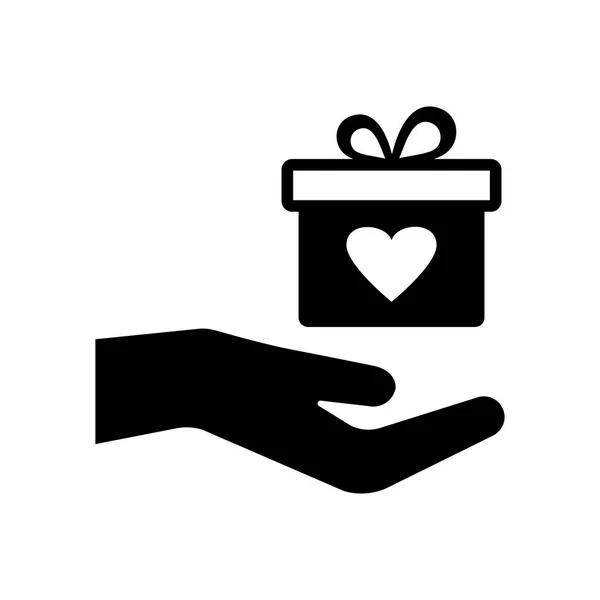 Gift Box Met Hart Hand Zwarte Pictogram Vectorillustratie — Stockvector