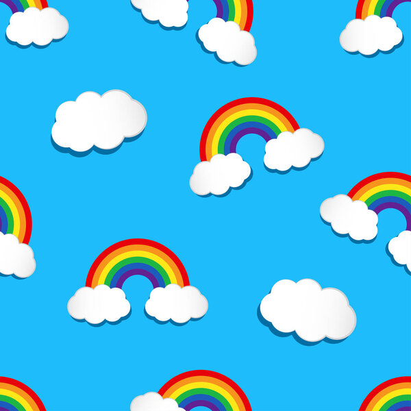 Бесшовный рисунок с радугой и облаками на синем фоне. Векторная иллюстрация
