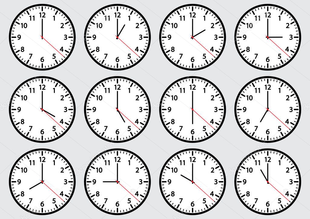 Set of clock icons showing different time. Vector illustration