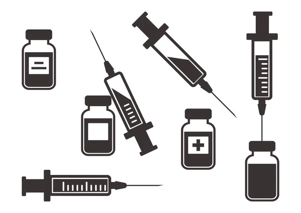 Black Set Syringes Injection Vaccine Vials Medicine Vector Illustration — Stock Vector