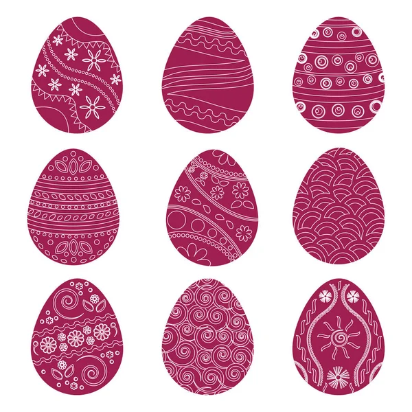 Colección de huevos de Pascua borgoña con patrón blanco. Ilustración vectorial — Vector de stock