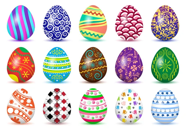 Цветной набор пасхальных яиц с цветной тенью, выделенный на белом фоне. Векторная иллюстрация — стоковый вектор