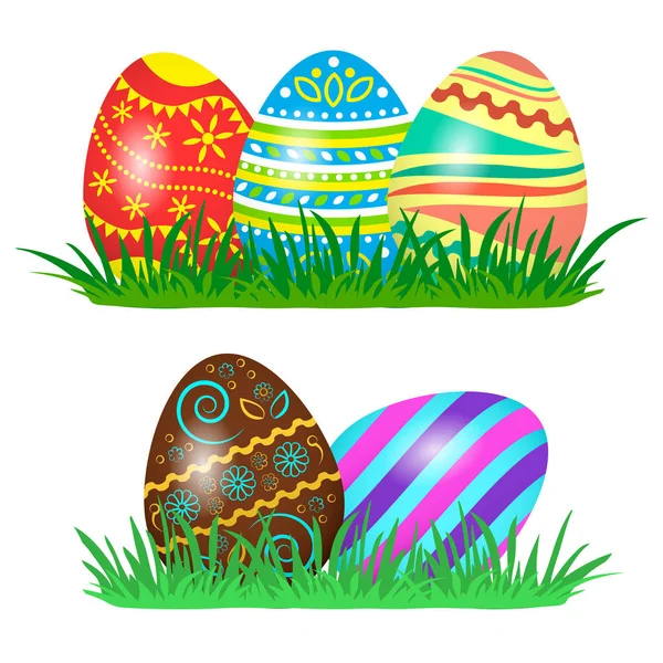 Coloridos huevos de Pascua sobre hierba verde. Ilustración vectorial — Vector de stock