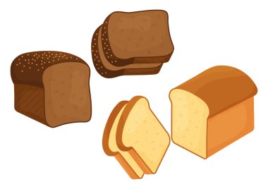 Fırın küme. Çavdar ve buğday ekmek somun ve dilimleri. Vektör çizim