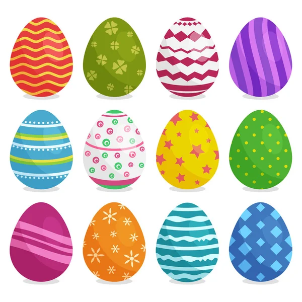 Colorida colección de huevos de Pascua con sombra aislada sobre fondo blanco. Ilustración vectorial — Vector de stock