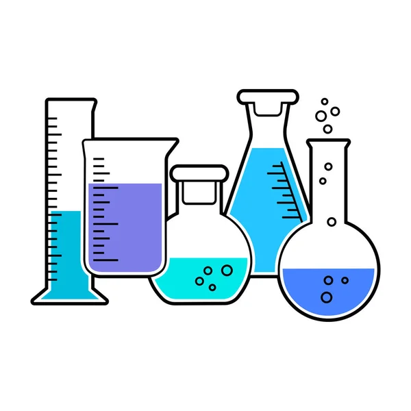 Set Chemiekolben mit farbiger Flüssigkeit. Vektorillustration — Stockvektor